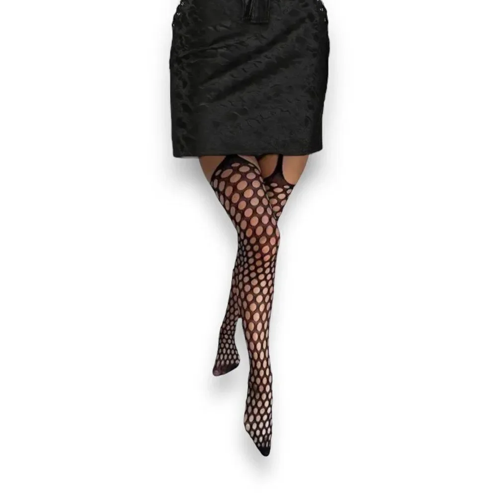 High Waist Black Polkadots Cut Out Thigh High Suspender Tights NEW